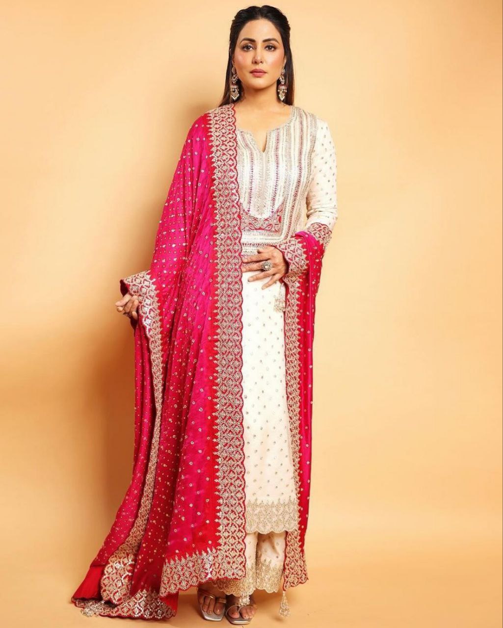 Ready To Wear Off White Pure Georgette Embroidery Work Palzzo Suit With Hot Pink Dupatta