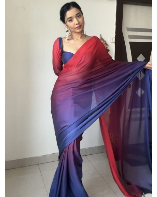 Designer Blue-Red Rangoli Silk Shaded Work Saree With Blouse