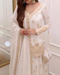 Ready To Wear White Pure Georgette Embroidery Work Sharara Suit With Dupatta