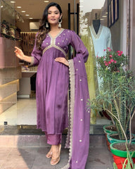 Ready To Wear Purple Chinon Silk Embroidery Work Alia Cut Suit With Dupatta