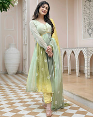 Ready To Wear Yellow-Green Faux Georgette Lace Work Anarkali Suit With Dupatta