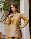 Ready To Wear Golden Beige Banarasi Viscos Silk Embroidery Palazo Kurti With Dupatta