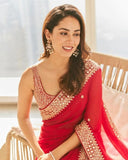 Ready To Wear Red Soft Georgette Embroidery Saree With Blouse
