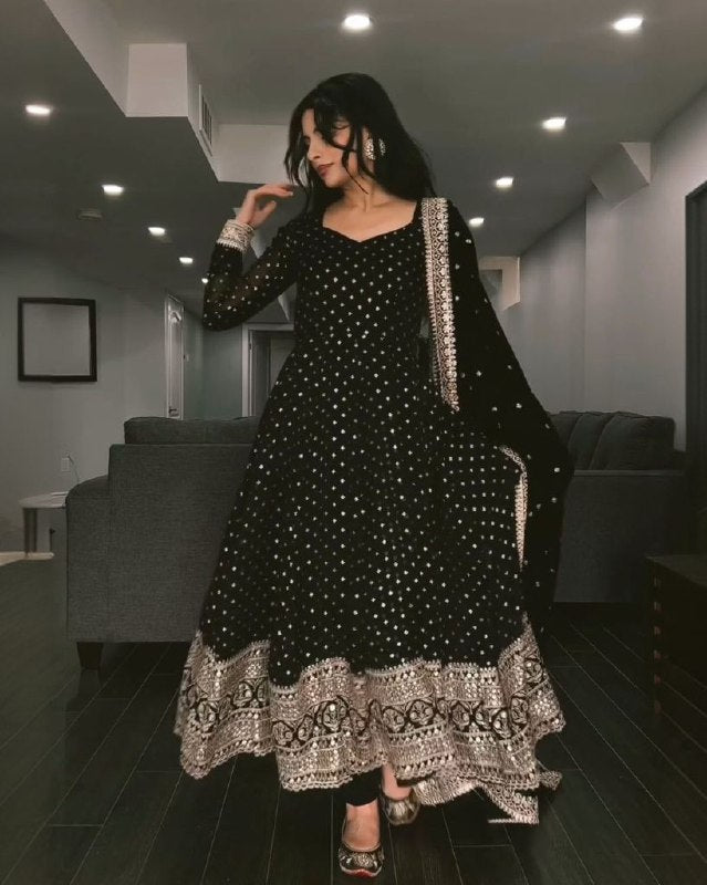 Ready To Wear Black Pure Georgette Embroidery Work Anarkali Suit With Dupatta