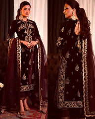 Designer Brown Velvet Pakistani Suit With Net Dupatta
