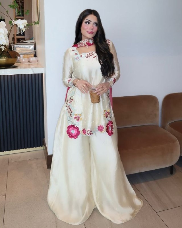 Ready To Wear White Roman Glass Silk Kurti Palazo With Dupatta