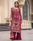 Exclusive Red And Blue Soft Georgette Embroidery Palazo Kurti With Dupatta