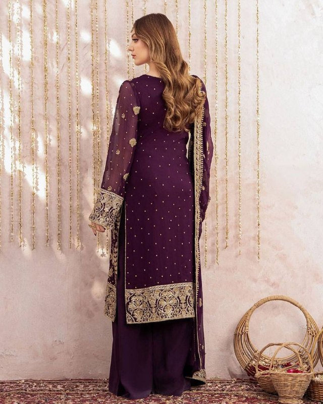 Ready To Wear Purple Soft Georgette Embroidery Palazo Kurti With Dupatta