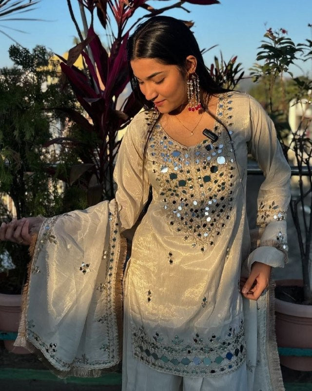 Ready To Wear White Rose Gold Real Mirror Work Kurti Palazo With Dupatta