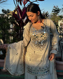 Ready To Wear White Rose Gold Real Mirror Work Kurti Palazo With Dupatta