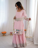 Ready To Wear Pink Premium French Silk Embroidery Sharara Kurti With Dupatta