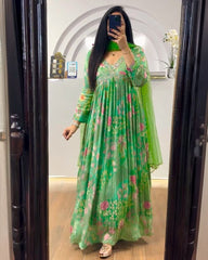 Ready To Wear Parrot Green Maslin Silk Digital Print Work Anarkali Gown With Dupatta