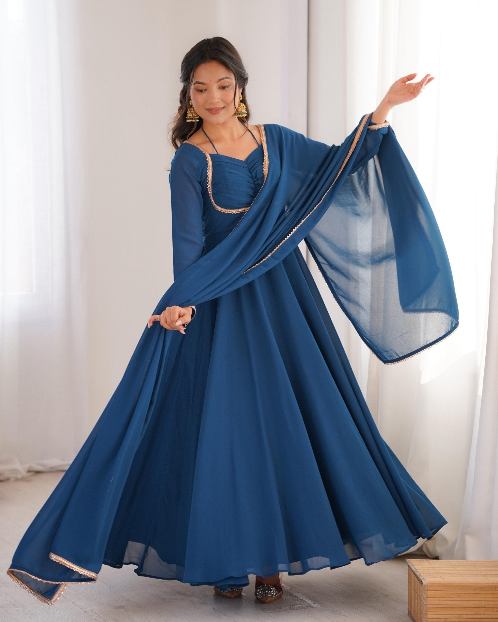 Exclusive Blue Soft Georgette Embroidery Gown Set With Dupatta