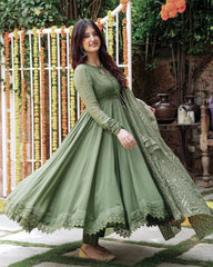 Ready To Wear Mehendi Green Faux Georgette Embroidery Work Anarkali Suit With Dupatta