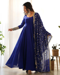 Ready To Wear Royal Blue Faux Georgette Sequence Work Anarkali Gown With Dupatta