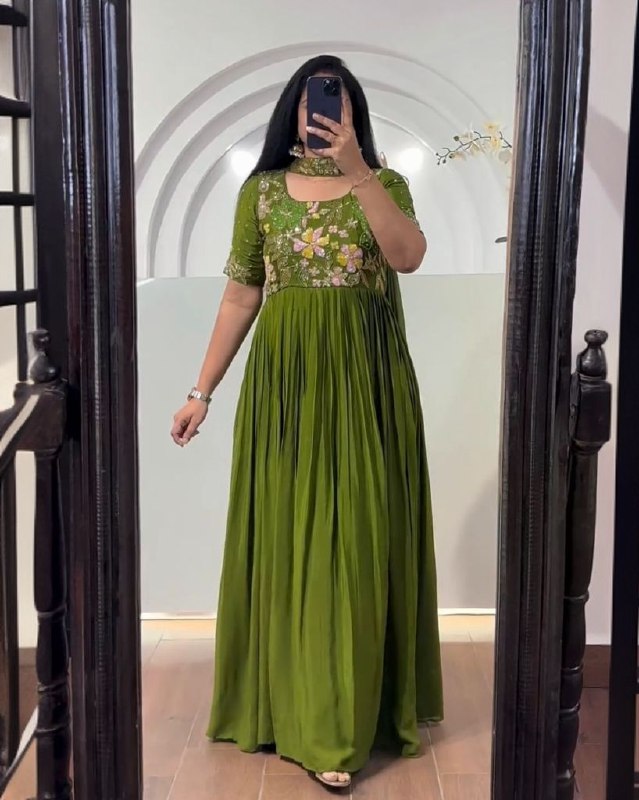 Ready To Wear Mehendi Green Pure Georgette Embroidery Work Anarkali Gown With Dupatta