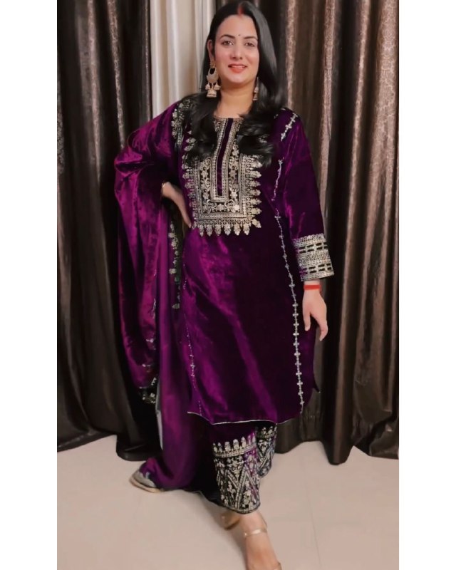 Ready To Wear Wine Micro Velvet Embroidery Work Pant Suit With Dupatta