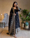 Exclusive Maroon Black Green Heavy Georgette Embroidery Anarkali Suit With Dupatta