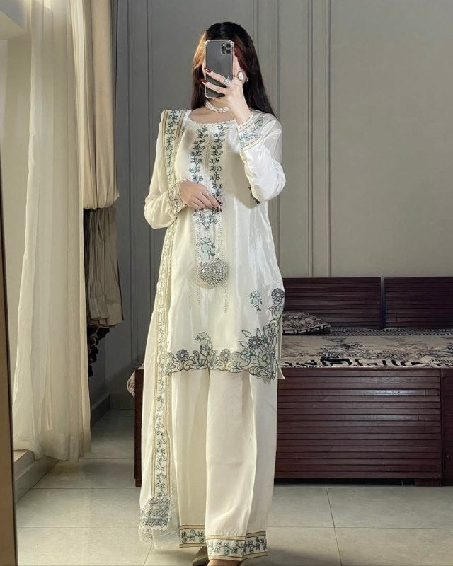 Ready To Wear White Shimmer Silk Embroidery Farshi Salwar Kurti With Dupatta