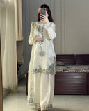 Ready To Wear White Shimmer Silk Embroidery Farshi Salwar Kurti With Dupatta