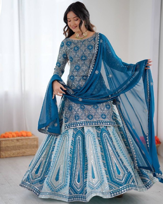 Premium Blue Premium Soft Georgette Embroidery Lehenga Kurti With Dupatta