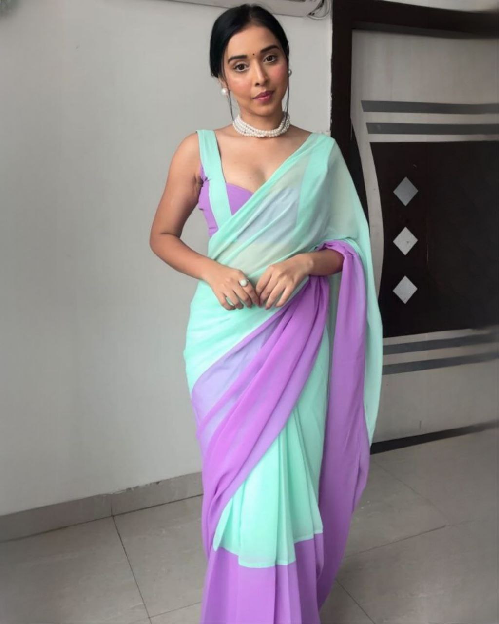 Designer Pista-Purple Premium Georgette Ready To Wear Saree With Blouse