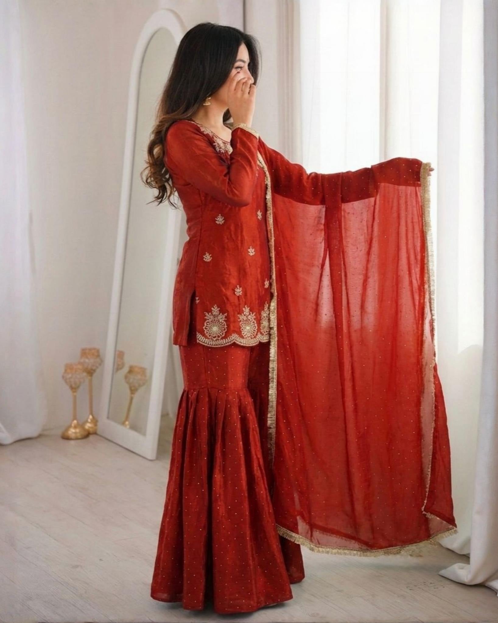 Ready To Wear Orange Chinon Silk Embroidery Sharara Kurti With Dupatta