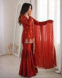 Ready To Wear Orange Chinon Silk Embroidery Sharara Kurti With Dupatta