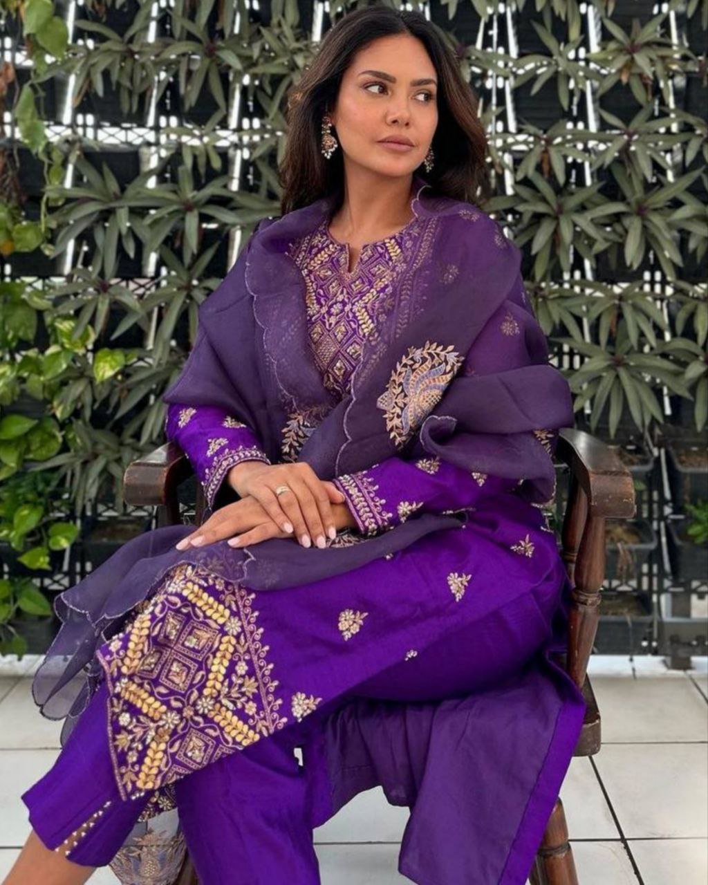 Ready To Wear Purple Roman Silk Embroidery Work Pant Suit With Dupatta