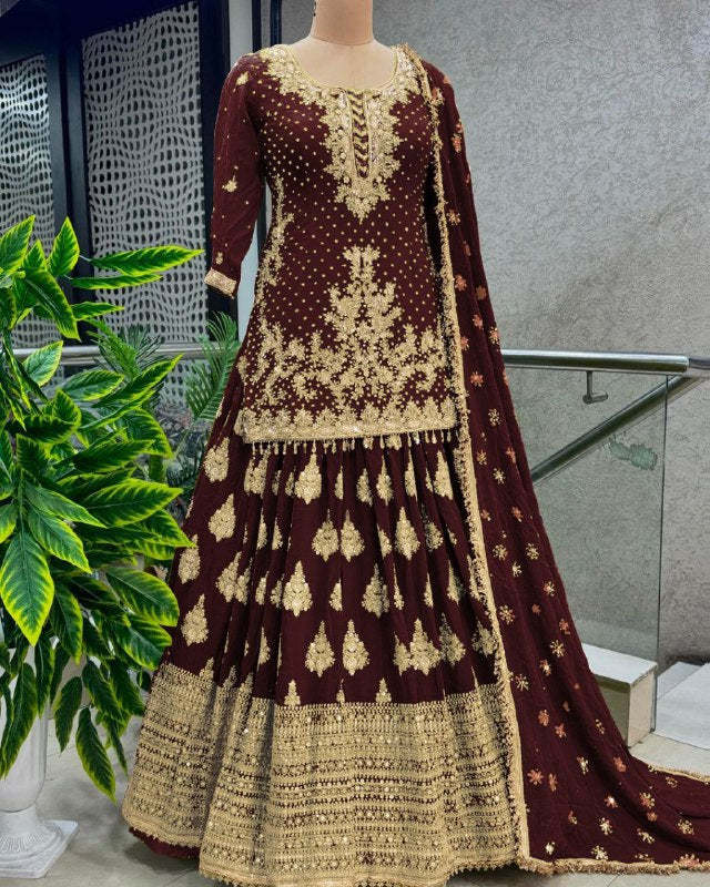 Designer Chinon Silk Embroidery Work Lehenga Top With Dupatta