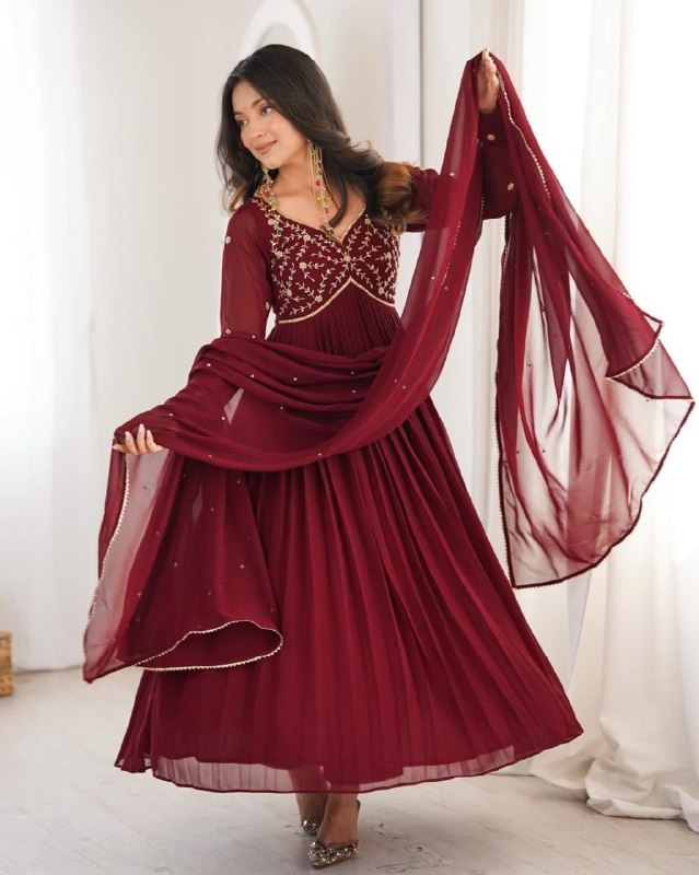 Ready To Wear Maroon Soft Georgette Embroidery Anarkali Pant With Dupatta
