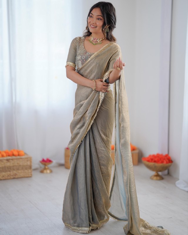 Premium Ready To Wear Peach Grey Simmer Silk Saree With Blouse