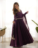 Premium Wine Chanderi Roman Silk Embroidery Anarkali Suit With Dupatta