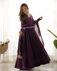 Exclusive Wine Chanderi Roman Silk Embroidery Anarkali Suit With Dupatta