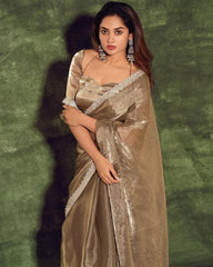 Desinger Nude Brown Soft Organza Embroidery Work Saree With Blouse