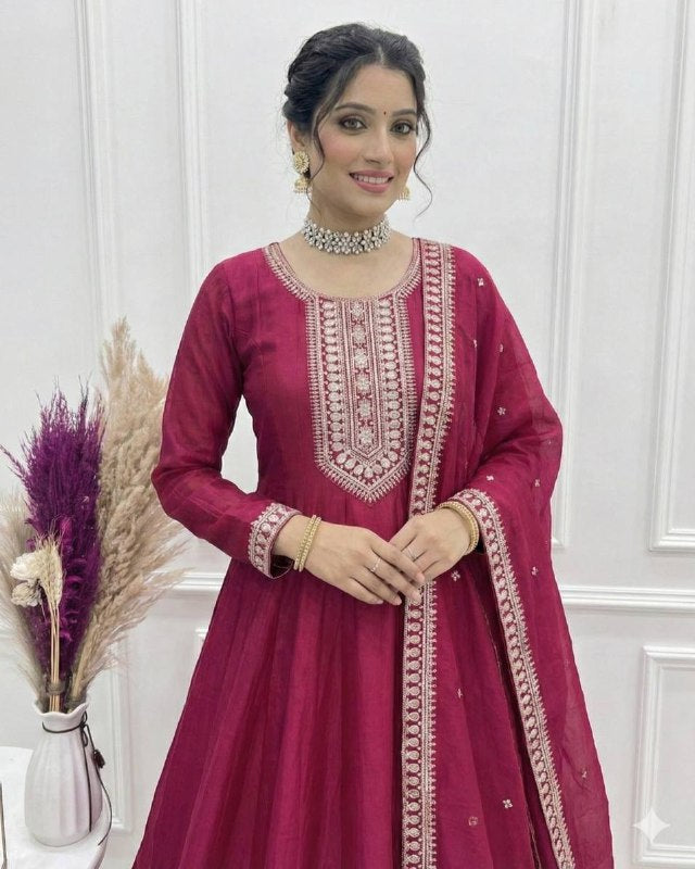 Exclusive Dark Pink Pure Vichitra Silk Anarkali Suit With Dupatta