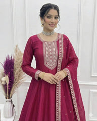 Exclusive Dark Pink Pure Vichitra Silk Anarkali Suit With Dupatta