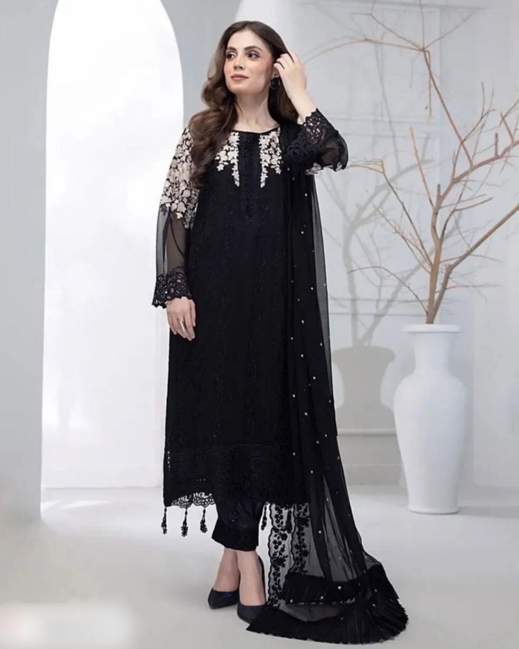 Ready To Wear Black Pure Georgette Embroidery Work Pakistani Pant Suit With Dupatta