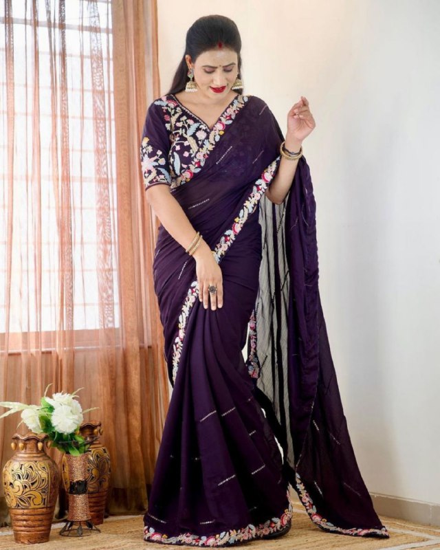 Designer Black-Red-Purple Rangoli Silk Embroidery Work Saree With Blouse