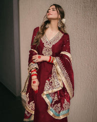 Ready To Wear Maroon Chinon Silk Embroidery Work Pakistani Suit With Dupatta