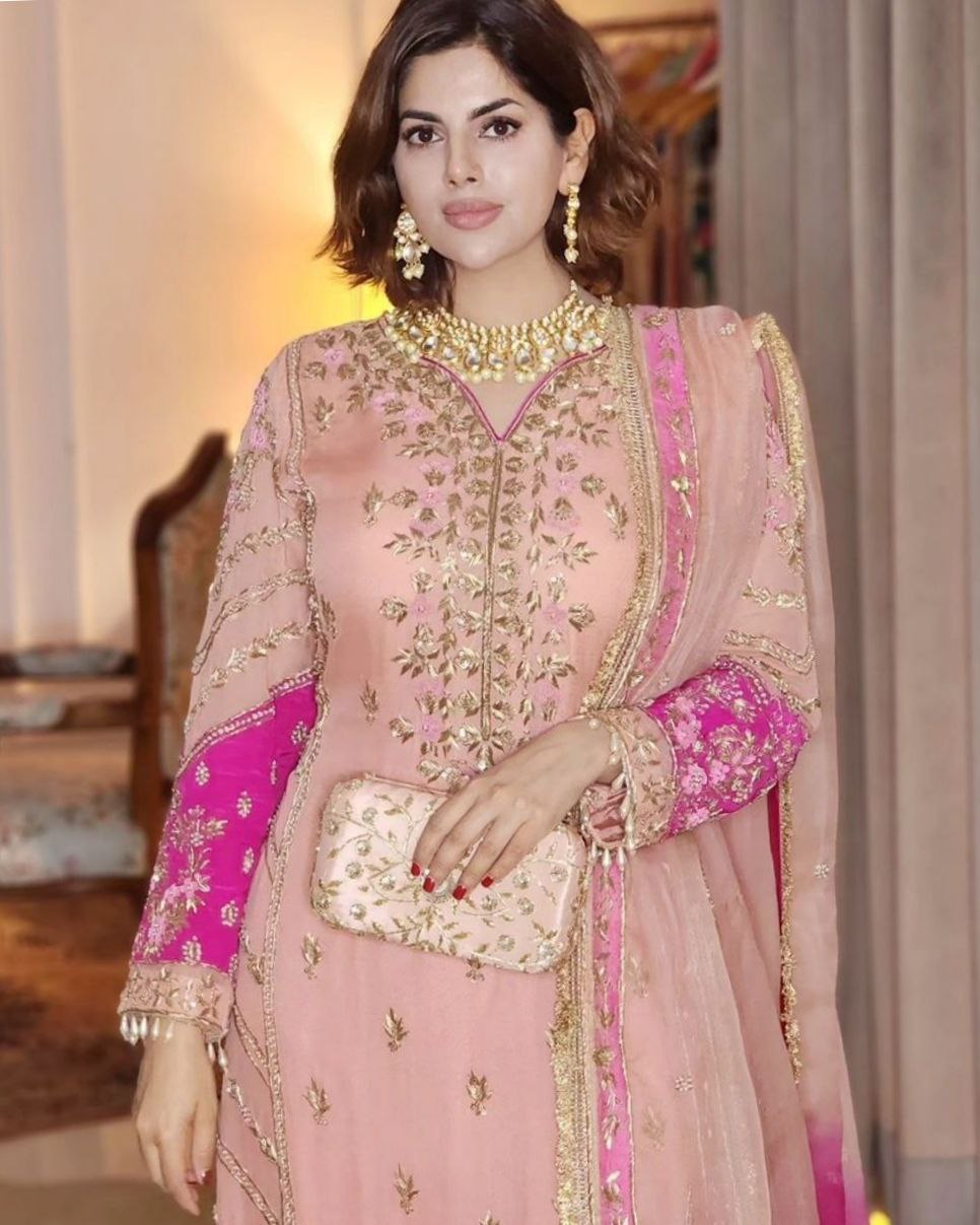 Ready To Wear Peach-Rani Pure Georgette Embroidery Work Pakistani Suit With Dupatta