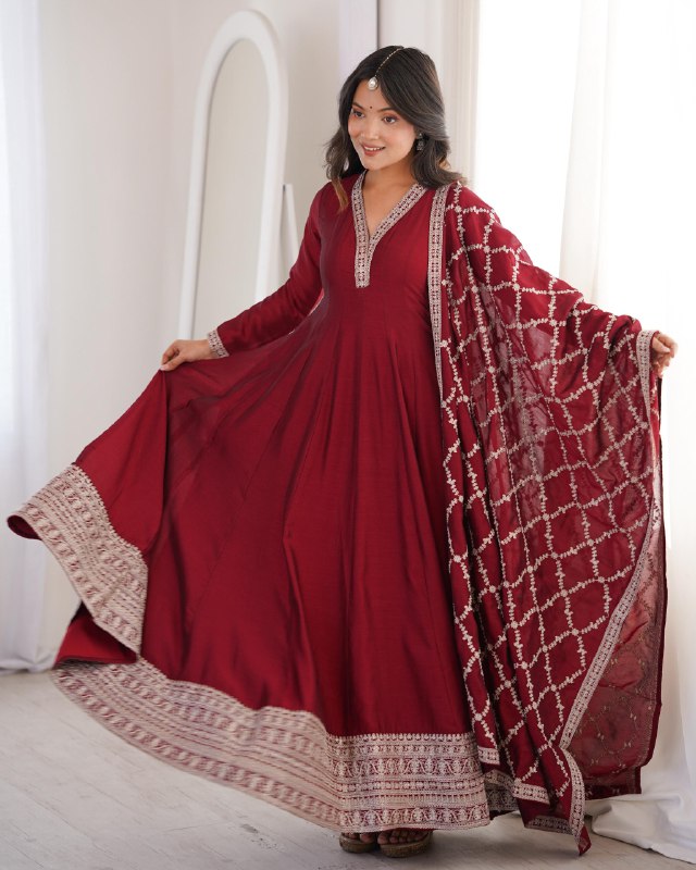Premium Maroon Blooming Vichitra Silk Embroidery Anarkali Suit With Dupatta