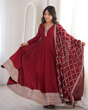 Premium Maroon Blooming Vichitra Silk Embroidery Anarkali Suit With Dupatta