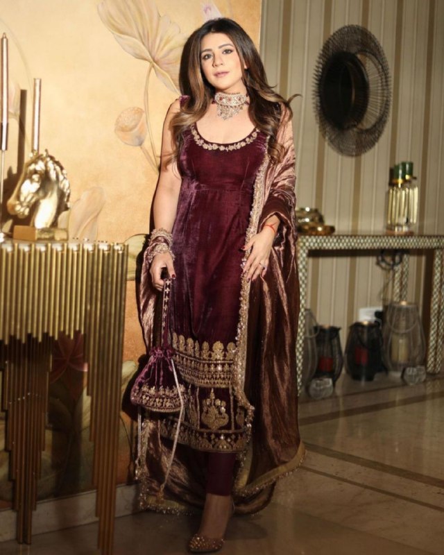 Ready To Wear Maroon Micro Velvet Sequence Work Pant Suit With Dupatta