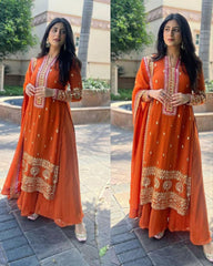 Ready To Wear Orange Faux Georgette Embroidery Work Plazzo Suit With Dupatta