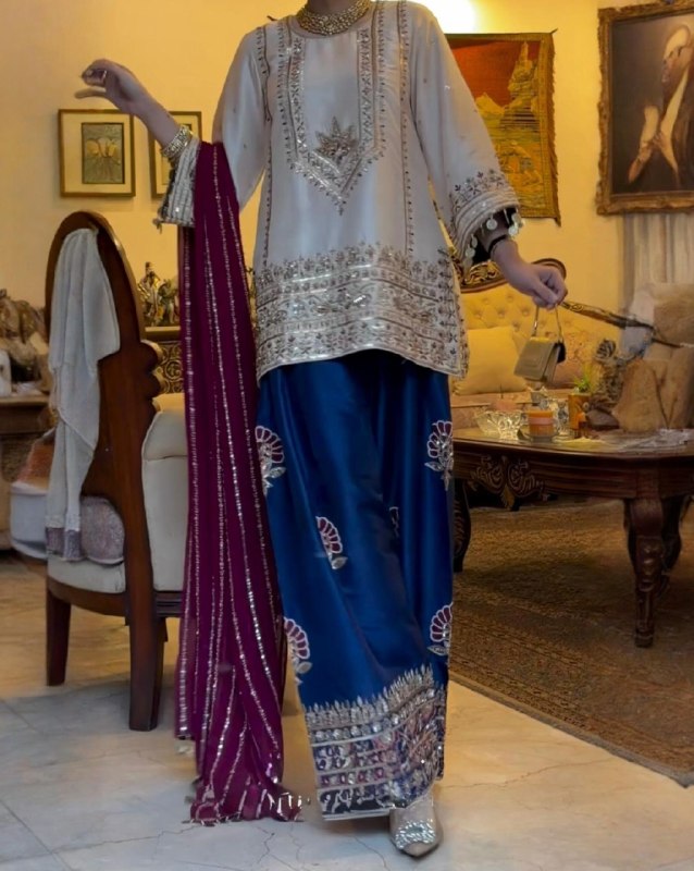 Ready To Wear Green Blue Mustard Heavy Natural Silk Embroidery Farshi Salwar Kurti With Dupatta