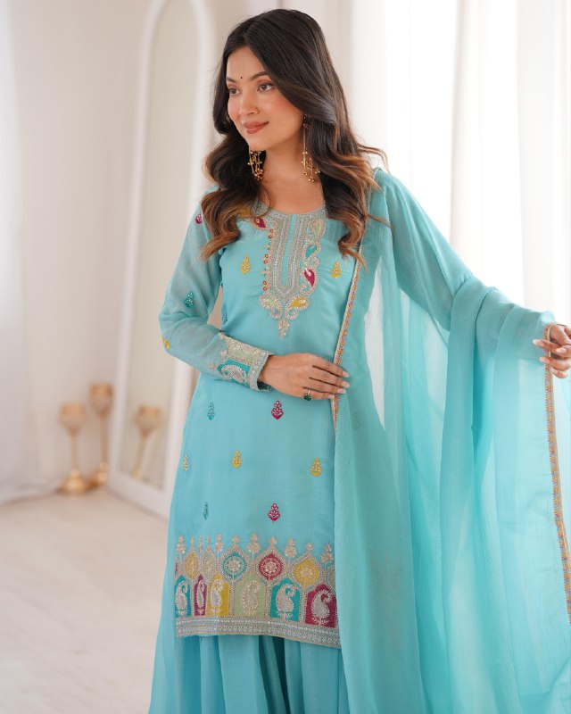 Ready To Wear Yellow Sky Soft Crunchy Silk Embroidery Kurti Palazo With Dupatta