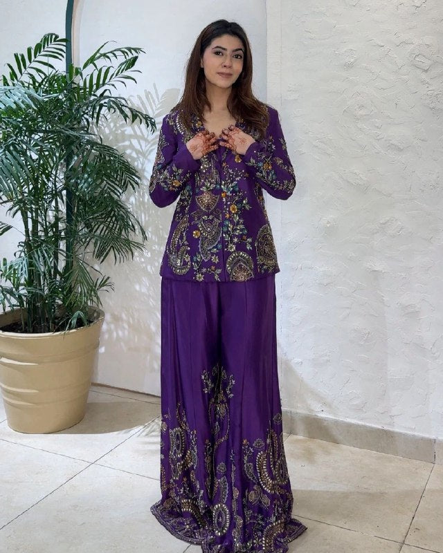 Exclusive Green Purple Maroon Rani Chinon Silk Embroidery Plazo Koti With Blouse