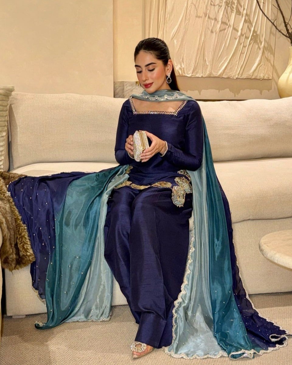 Ready To Wear Navy Blue Natural Crep Silk Embroidery Farshi Salwar Kurti With Dupatta