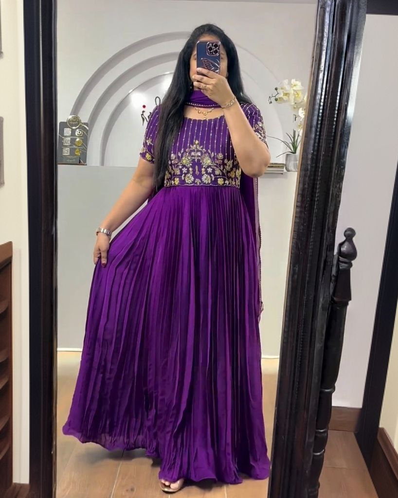 Ready To Wear Purple Pure Georgette Embroidery Work Anarkali Gown With Dupatta